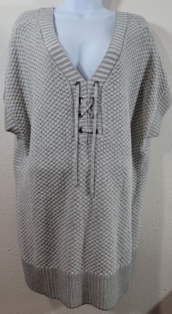Isaac Mizrahi Live Gray White True Denim Lace Up Poncho Sweater XL Stretch Soft